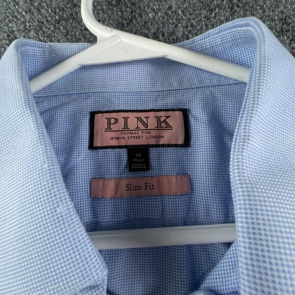 Thomas Pink Long Sleeve Button Up Shirt Men Cotton Blue Check 18 Slim Fit Woven - Picture 7 of 13